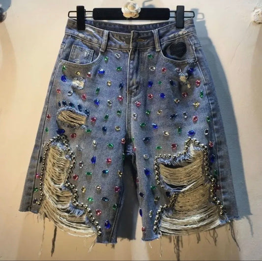 Rhinestone Denim High waisted Shorts