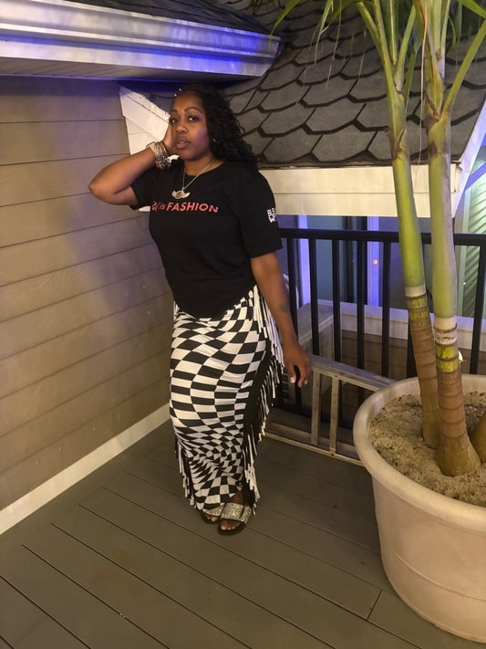 Checkered Fringe Maxi Skirt